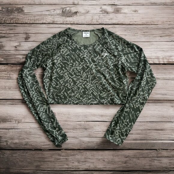 GYMSHARK Camo Long Sleeve Crop Top Size Medium - Picture 1 of 7